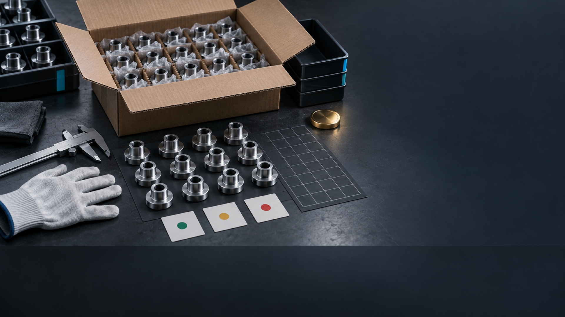 Anonymous inspection workbench with machined parts, carton, caliper and defect-classification cards