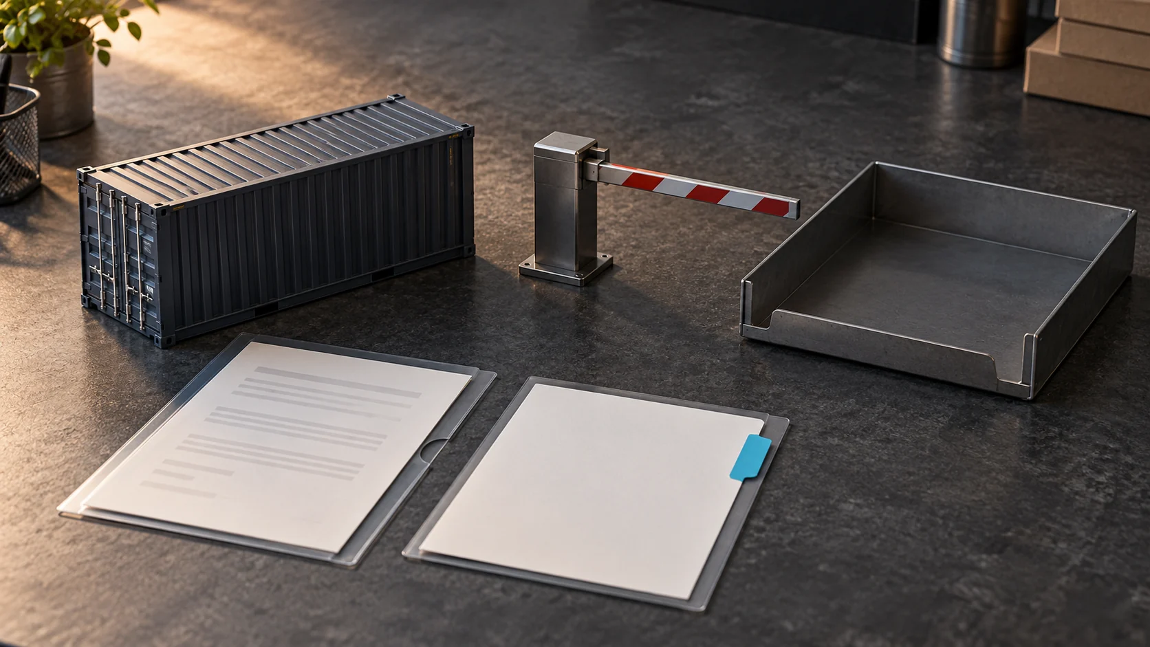 Tabletop container model beside separate document sleeves and a miniature barrier, illustrating cargo-release status checks