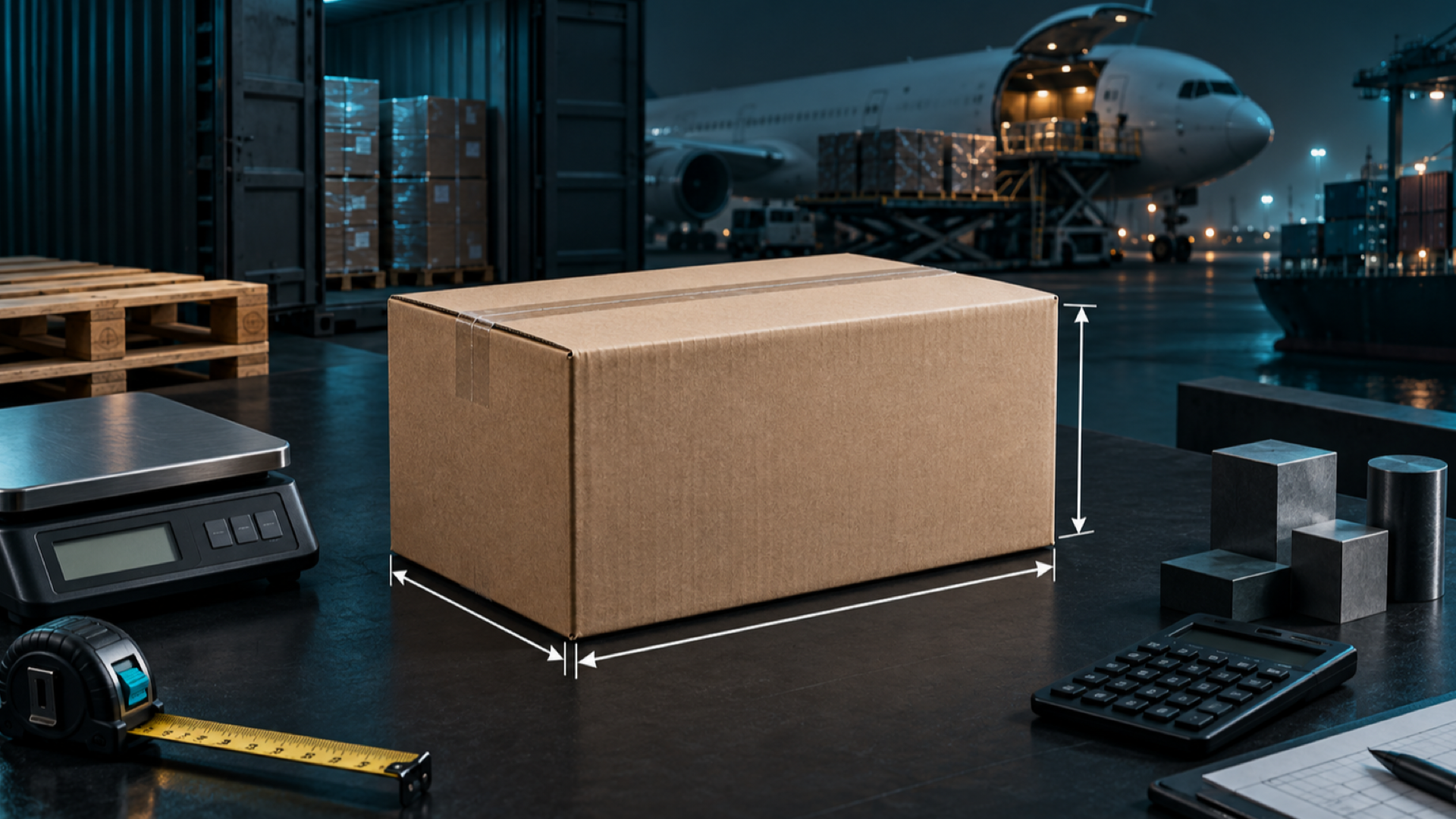 Generic logistics workbench with packed carton, dimension arrows, scale, tape measure, pallet, air cargo and ocean freight context