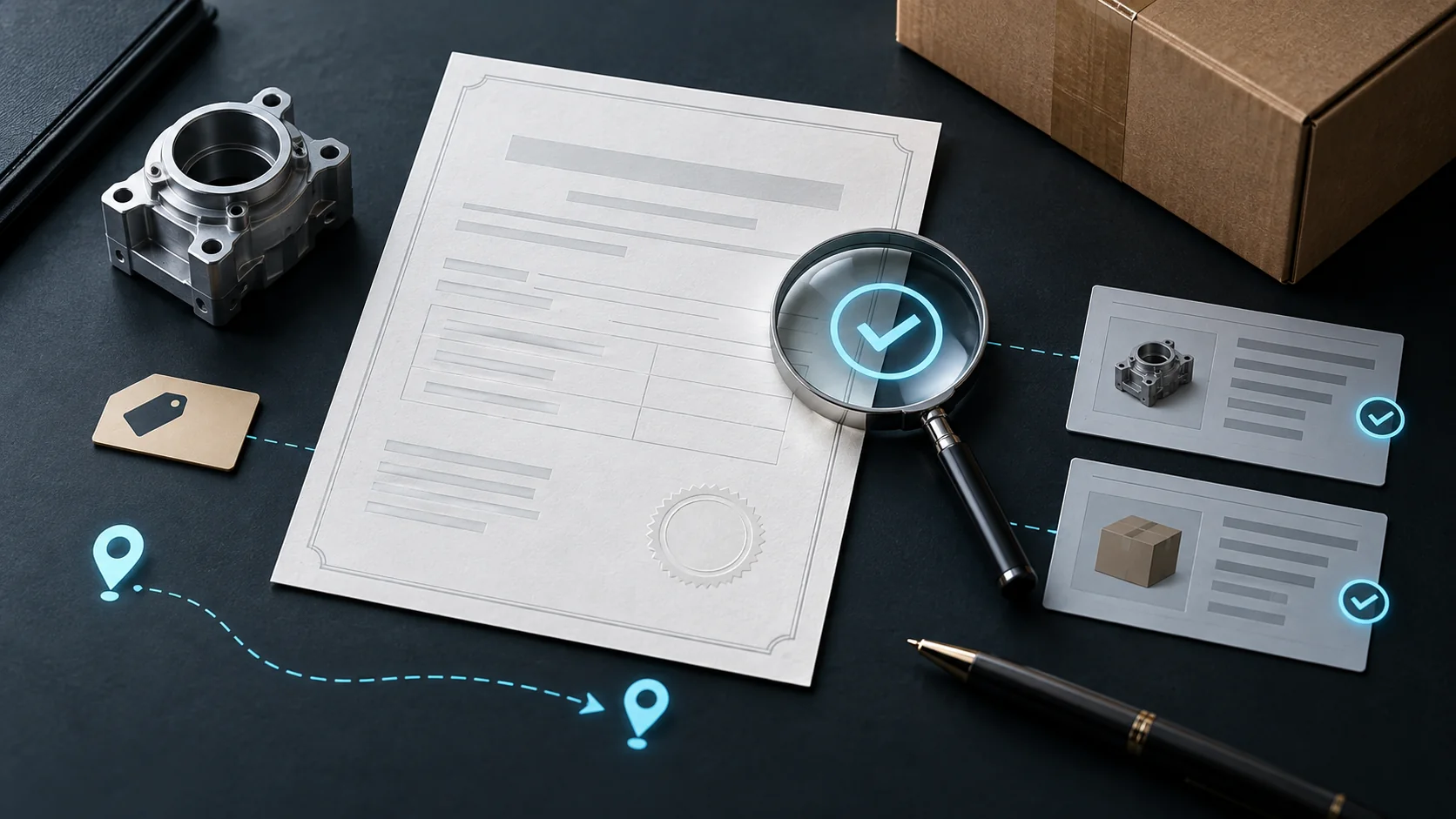 Generic origin document, manufactured component, export carton and magnifier arranged for verification