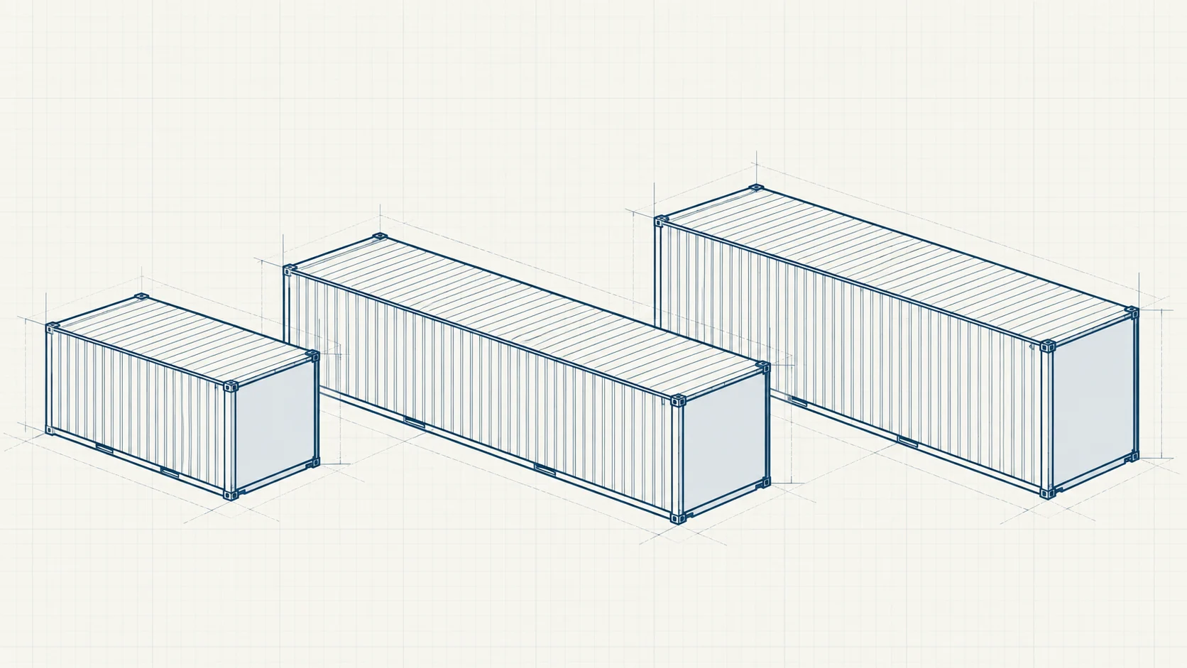 Text-free technical blueprint comparing a 20-foot standard, 40-foot standard and 40-foot high-cube container