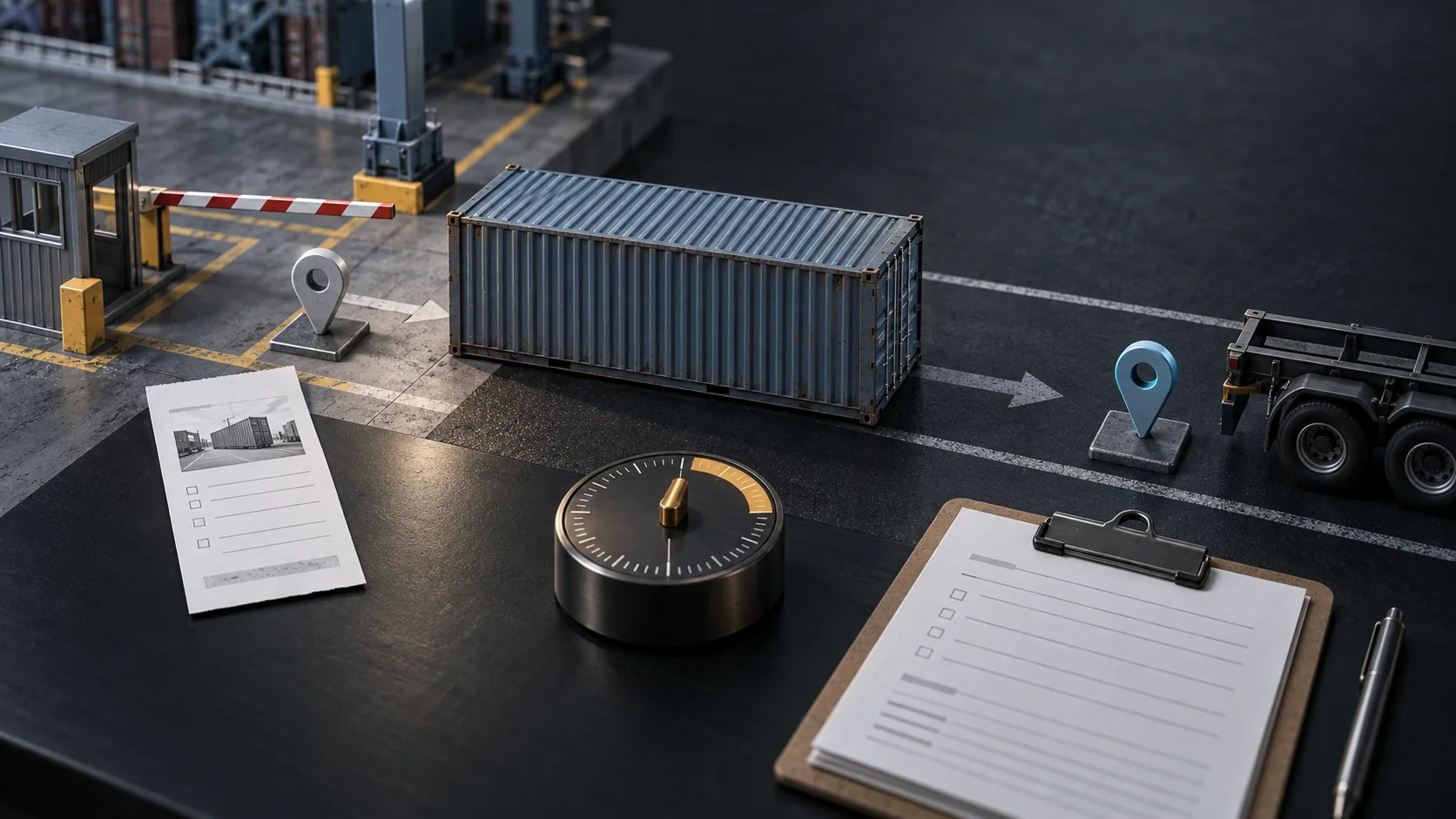 Unbranded container crossing a terminal boundary beside a timer, blank hand-off sheets and location markers