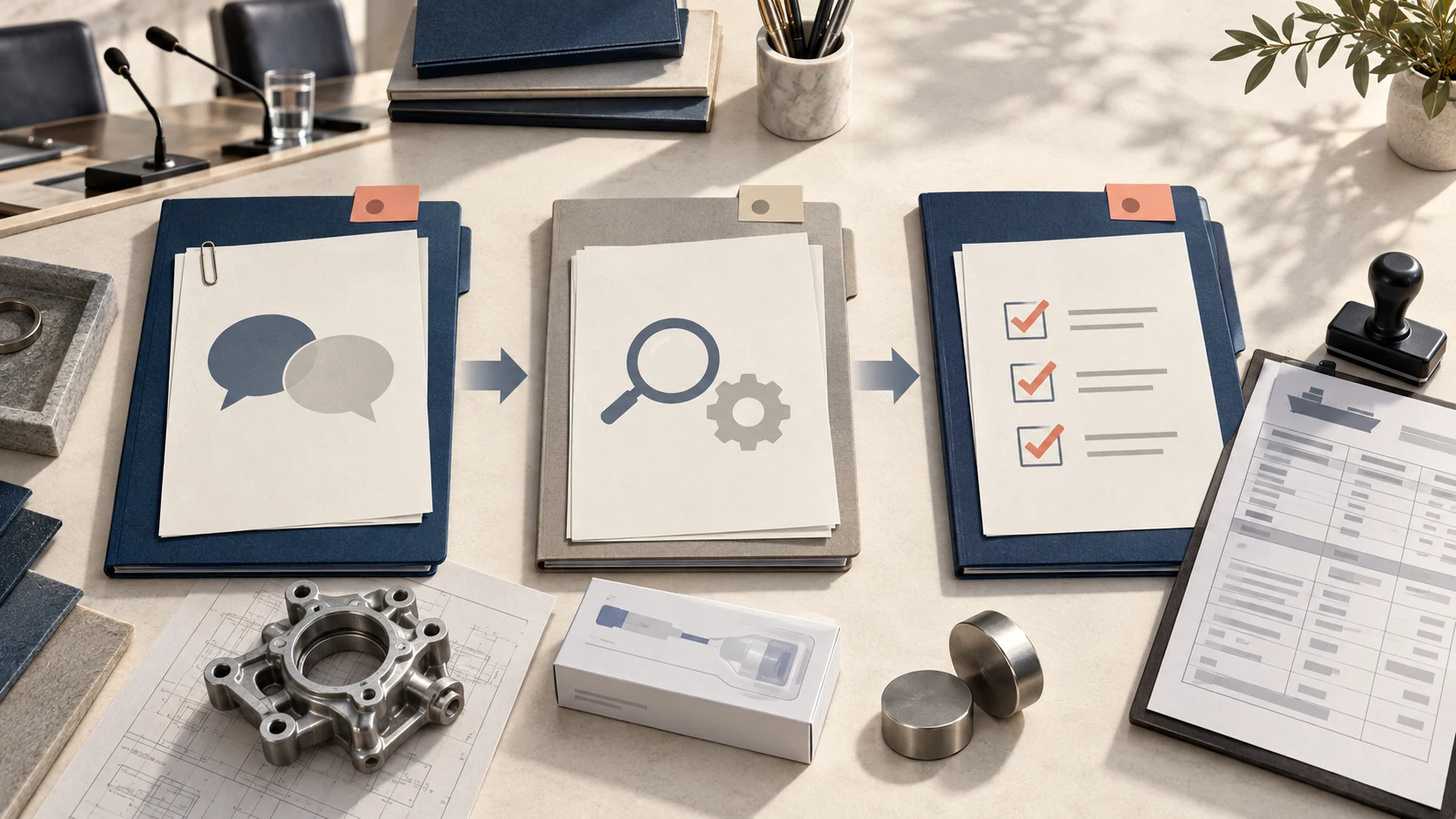 Three blank files move from consultation signal to applicability review and action record beside an automotive component, medical package and magnet samples