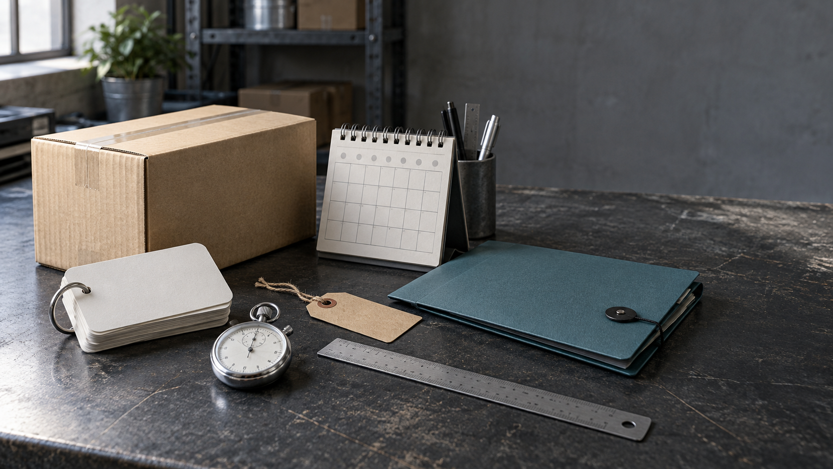 Unbranded carton, blank calendar, steel rule, cargo tags and documents on a delivery-planning workbench