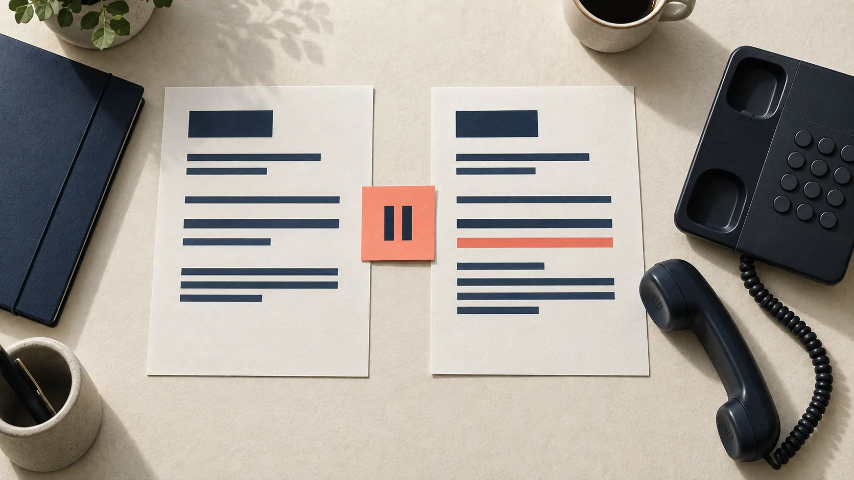 Desk telephone handset, two abstract payment instruction sheets and a pause marker on a paper work surface