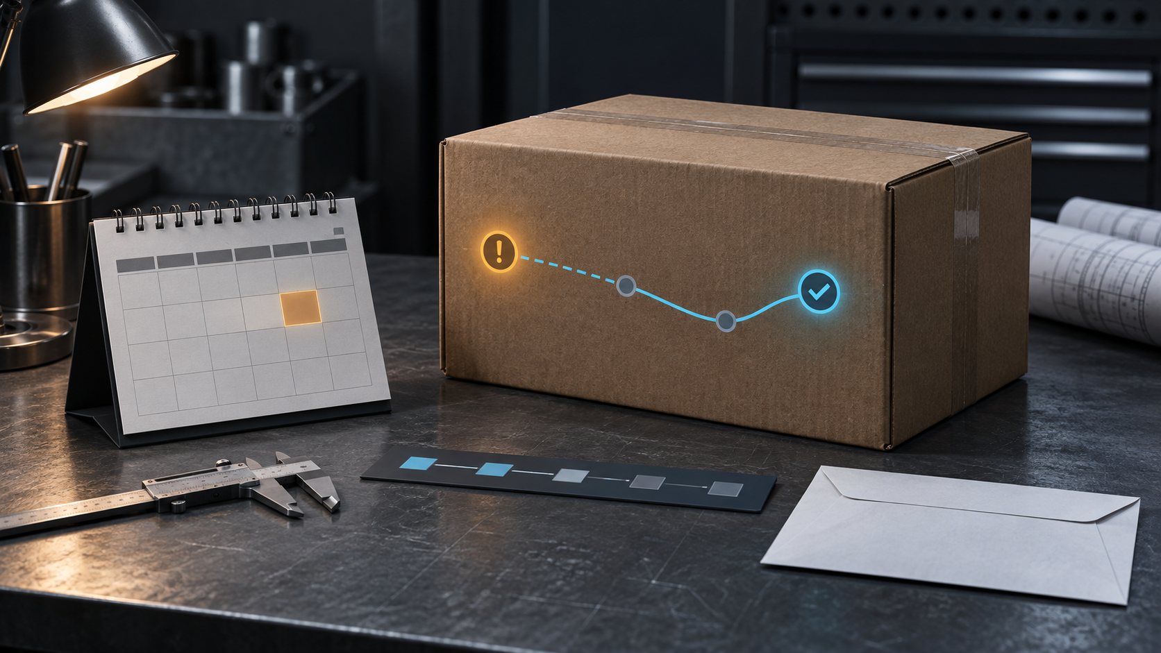 Unbranded carton, blank calendar, caliper, progress strip and envelope arranged on a delivery-recovery workbench