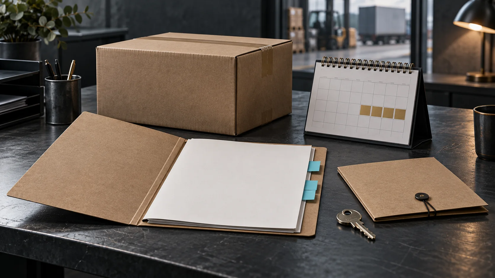 Blank calendar, handover folder, export carton and a key beside a backup folder on a dark workbench