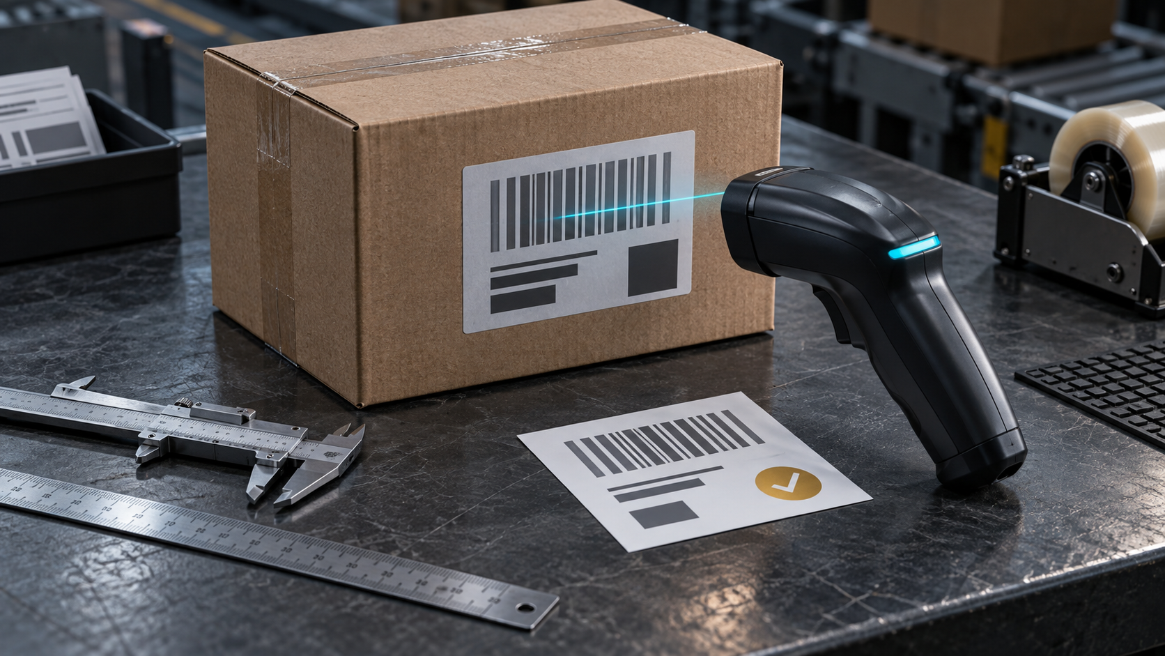 Unbranded export carton, abstract barcode label, handheld scanner, caliper and label proof on a verification workbench