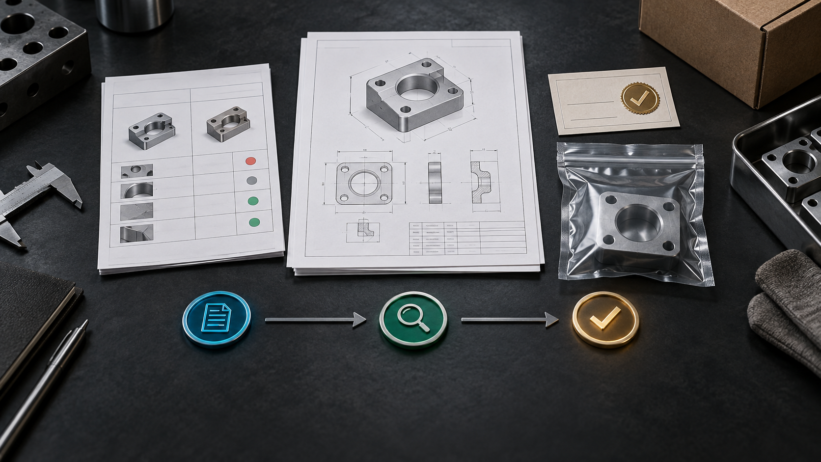 Specification sheet, quotation review, sealed sample pouch and approval markers on an export quotation-control workbench