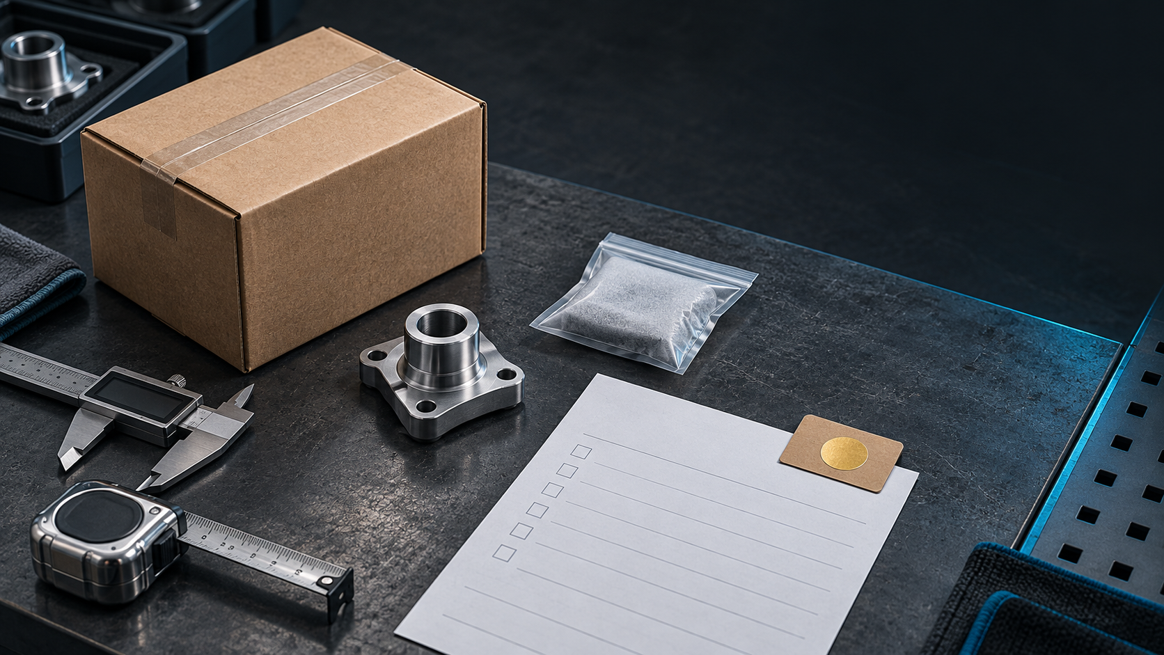 Anonymous commercial sample, sealed carton, caliper, tape measure and blank checklist arranged on a pre-dispatch workbench