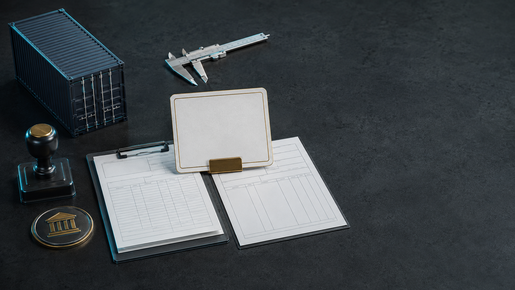 Anonymous payment-release checklist with commercial documents, approval stamp, container model and caliper