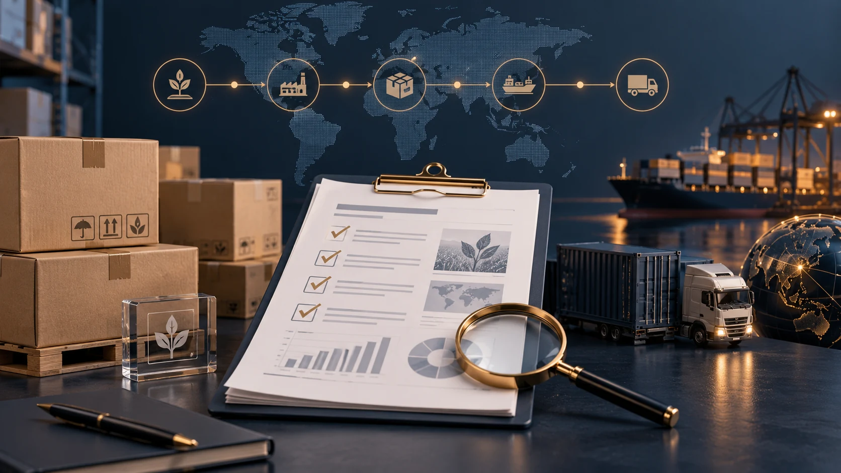 Cartons, supply-chain checkpoints, review documents and a magnifier on a due-diligence workbench