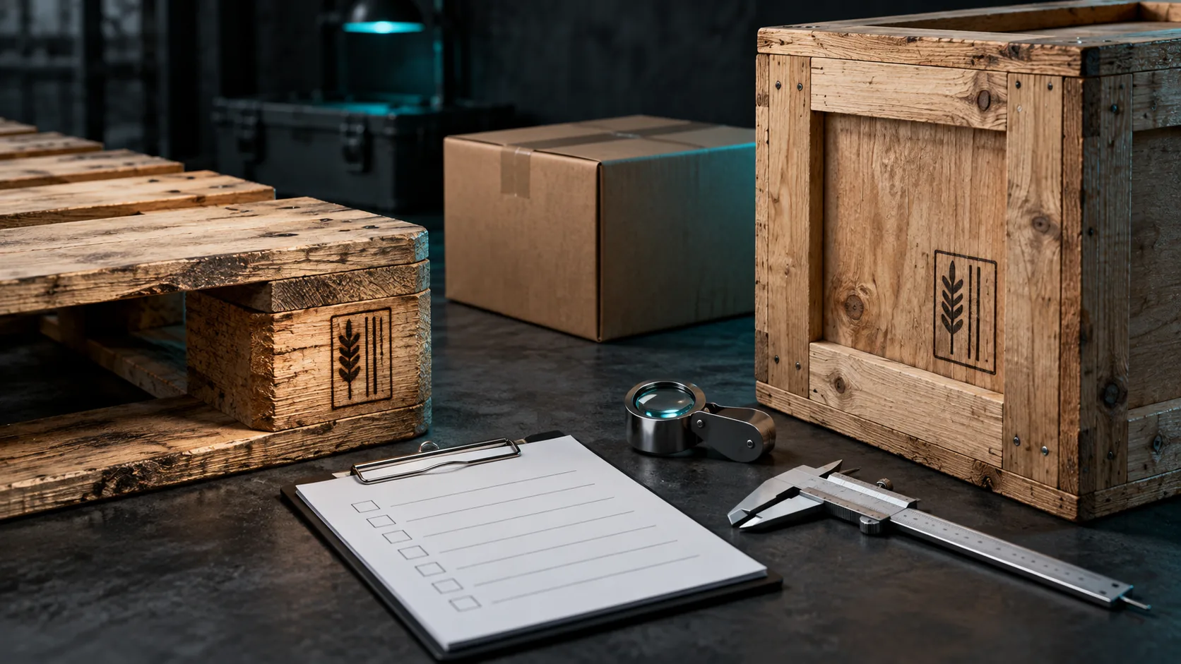 Unbranded wooden pallet, crate, carton, magnifier, caliper and blank checklist on a wood-packaging export workbench
