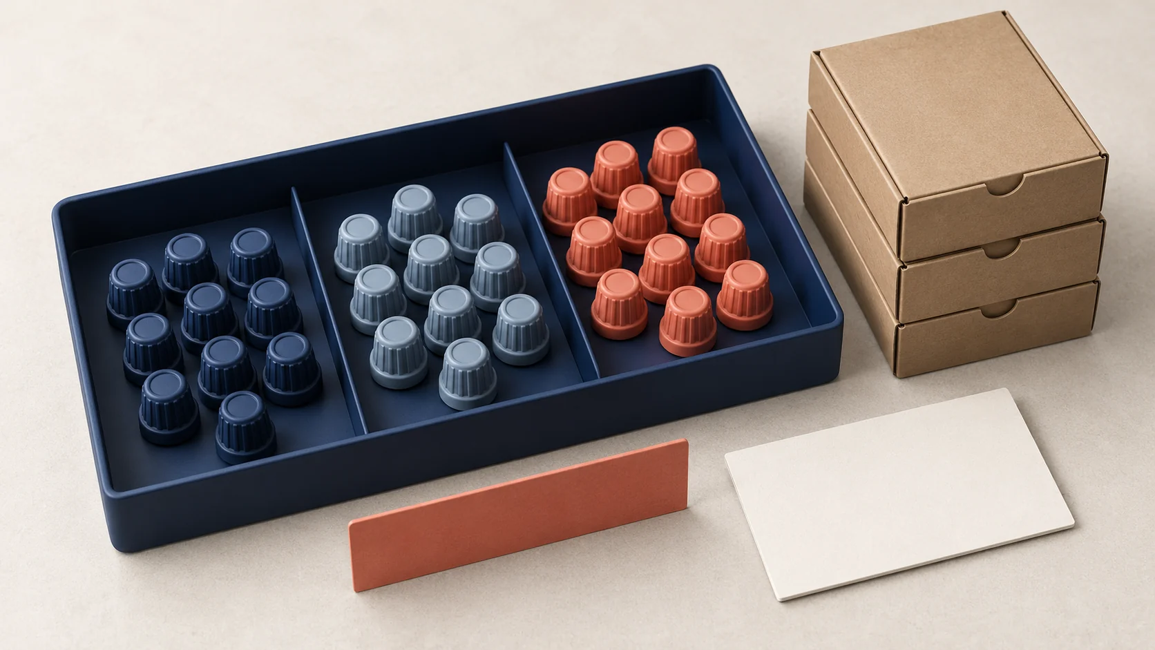 Anonymous industrial caps separated by color in a tray beside plain kraft boxes, illustrating different quantity scopes