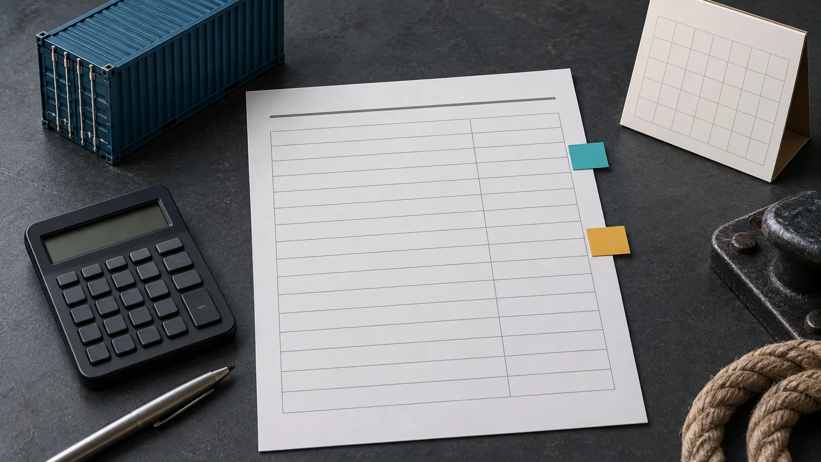 Unbranded container, blank freight quote, calculator and calendar arranged for surcharge review