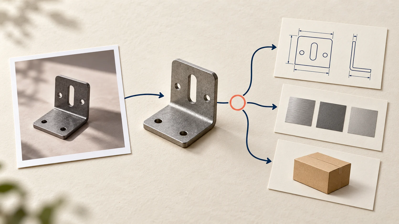 Anonymous bracket photograph beside dimension sketches, material swatches and a packing card, illustrating missing RFQ inputs