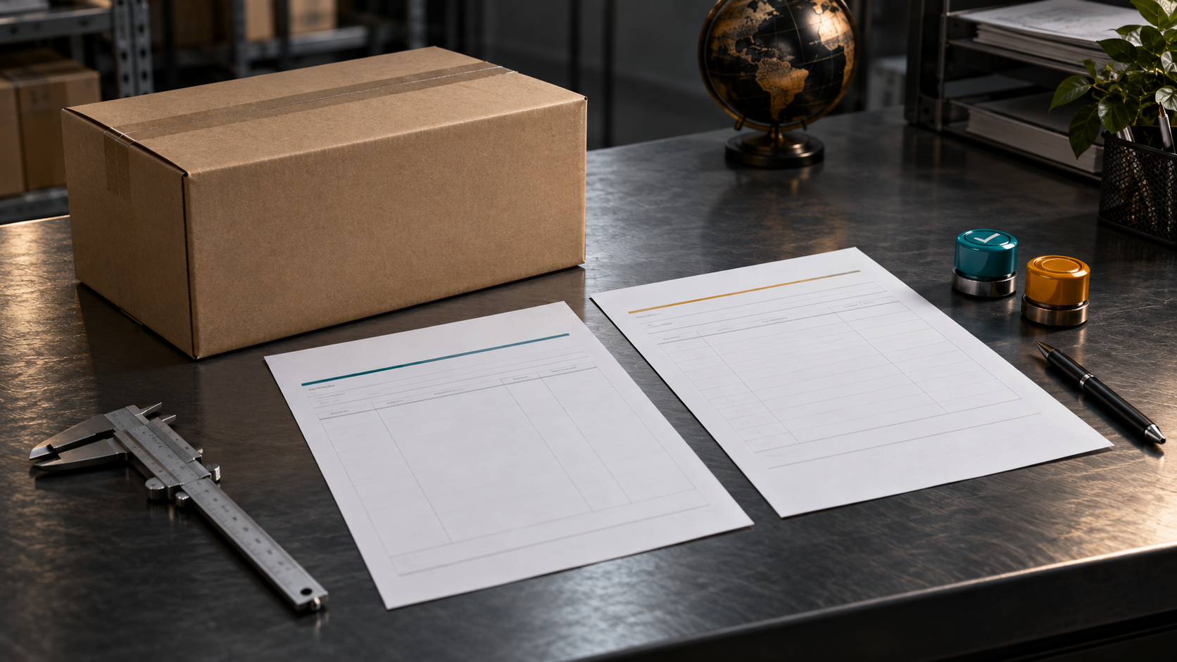 Unbranded pro forma invoice, purchase-order sheet, export carton, caliper and approval markers on a payment-review workbench