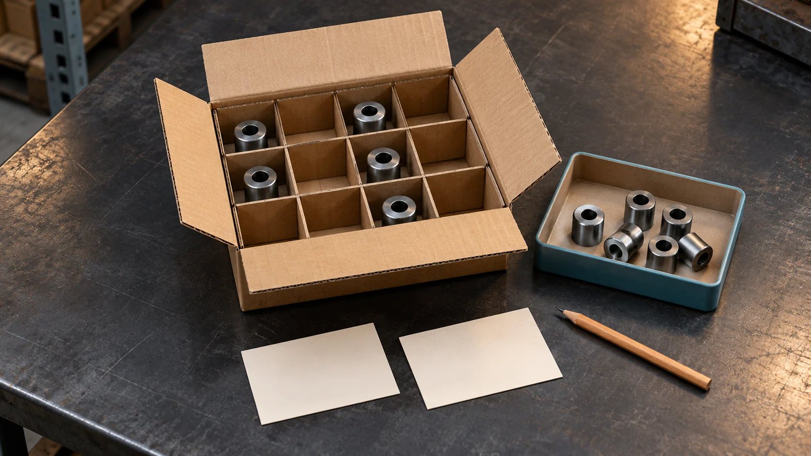 Open compartmented carton and a separate tray of anonymous metal parts beside blank cards, illustrating receiving-count reconciliation