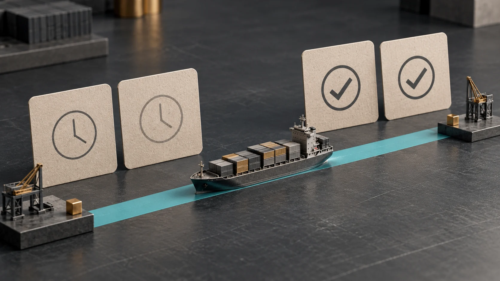 Container ship model, port markers and clock or check cards on a graphite table, illustrating estimated dates and reported actual events