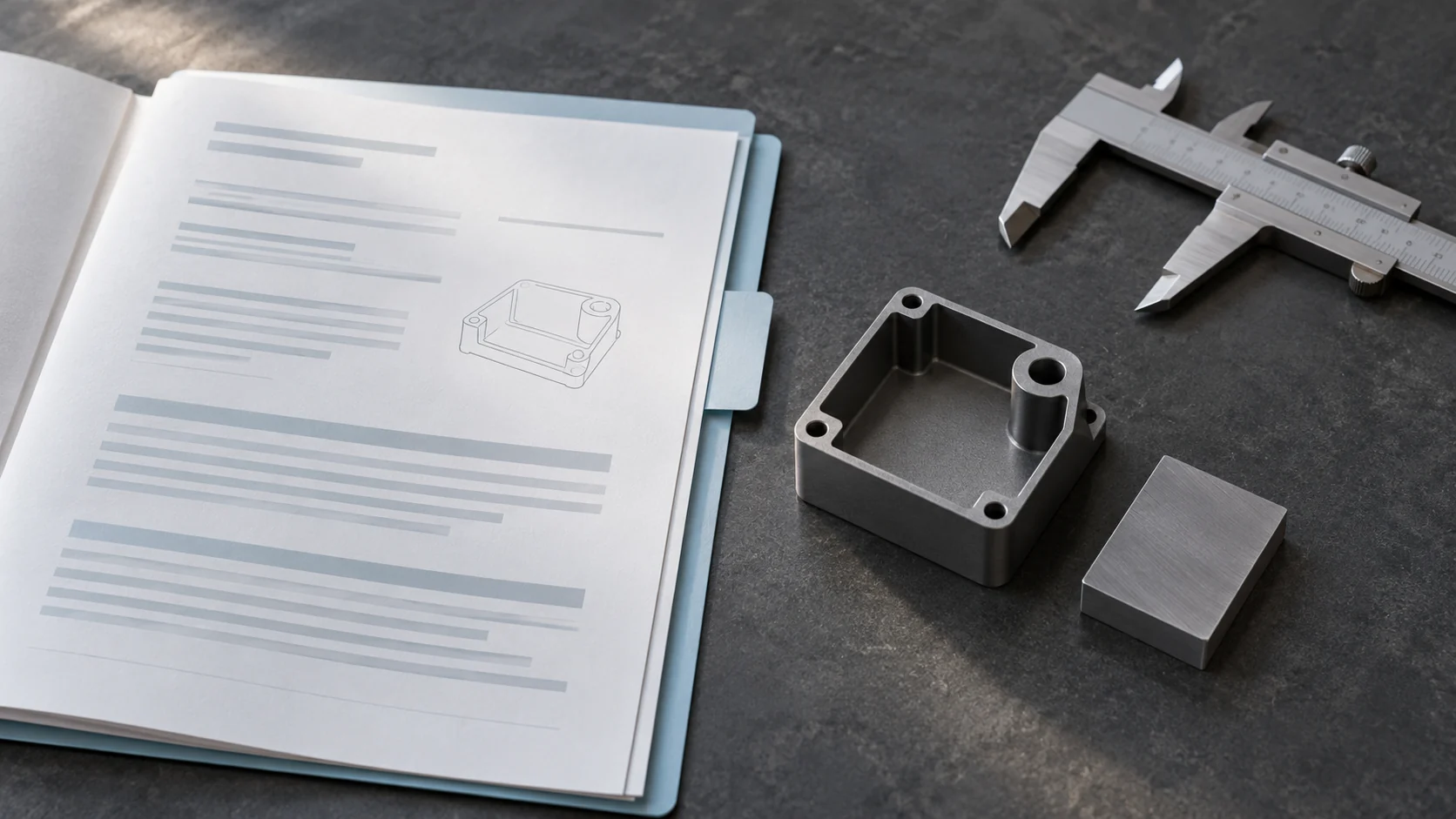 Anonymous metal housing and material coupon beside abstract report pages and a caliper, illustrating product-evidence matching
