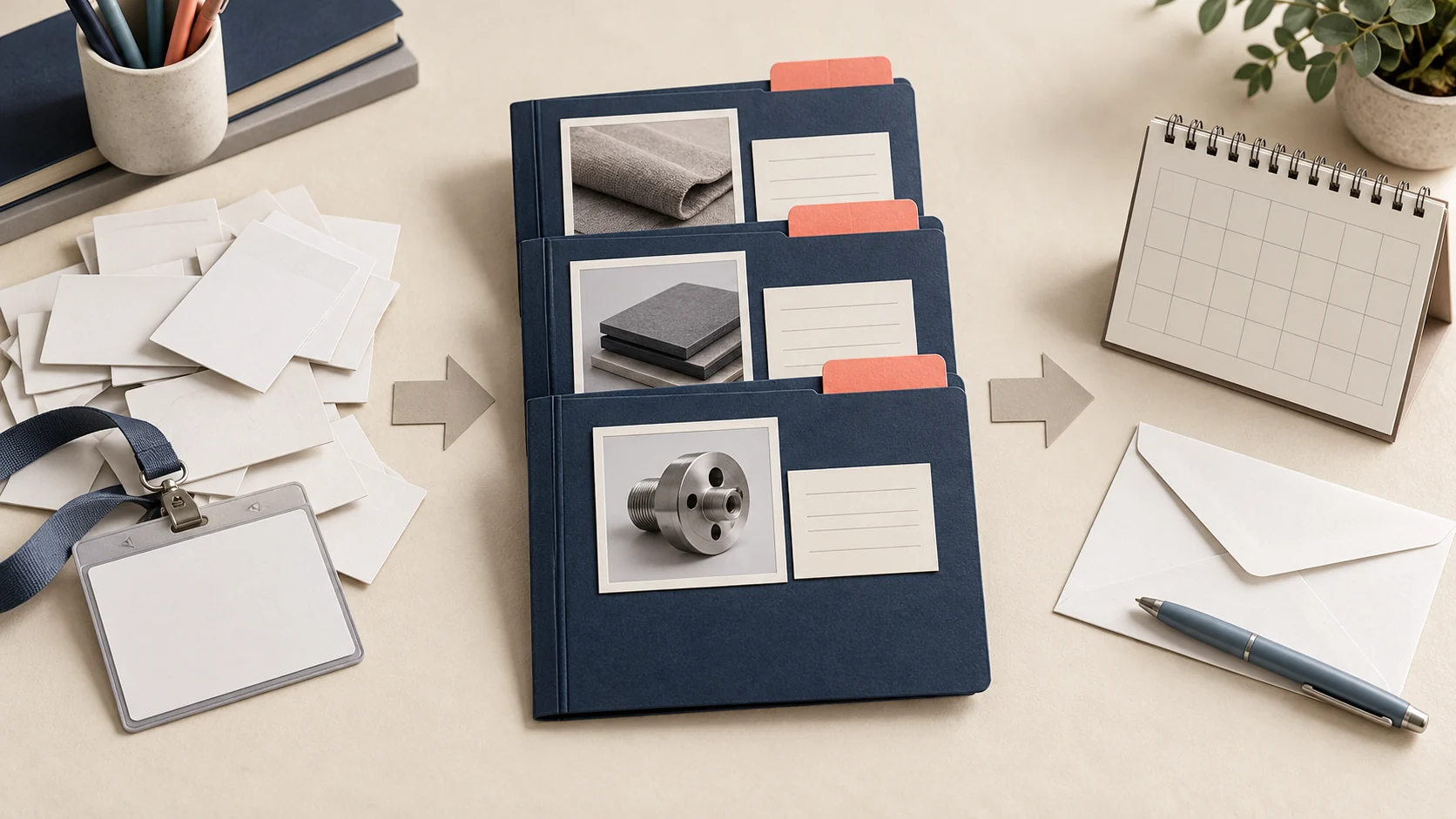 Blank contact cards organised into product files, a calendar and a follow-up envelope