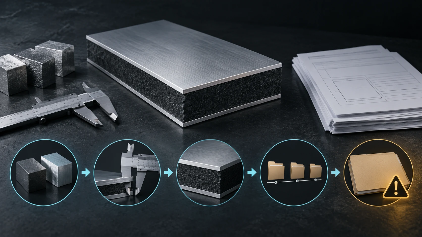 Aluminum composite panel cross-section, caliper, material samples and blank entry documents on an inquiry-evidence workbench