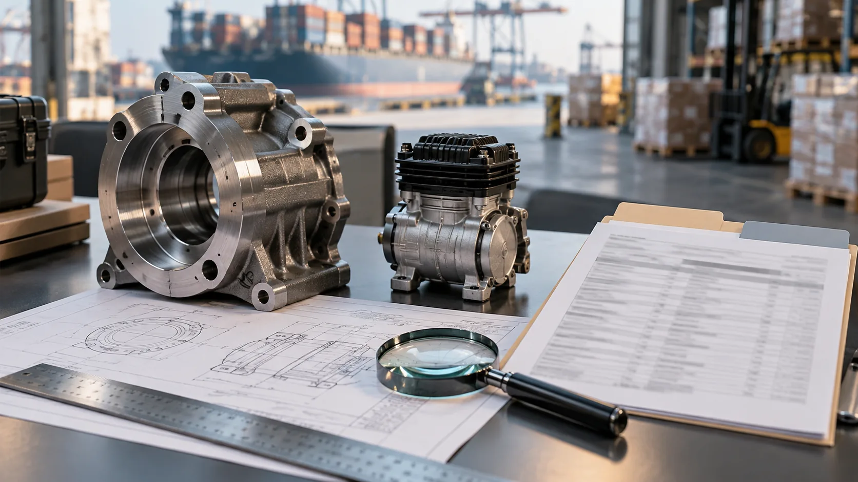 Industrial component, air-compressor part, technical drawing and verification tools on a scope-review workbench