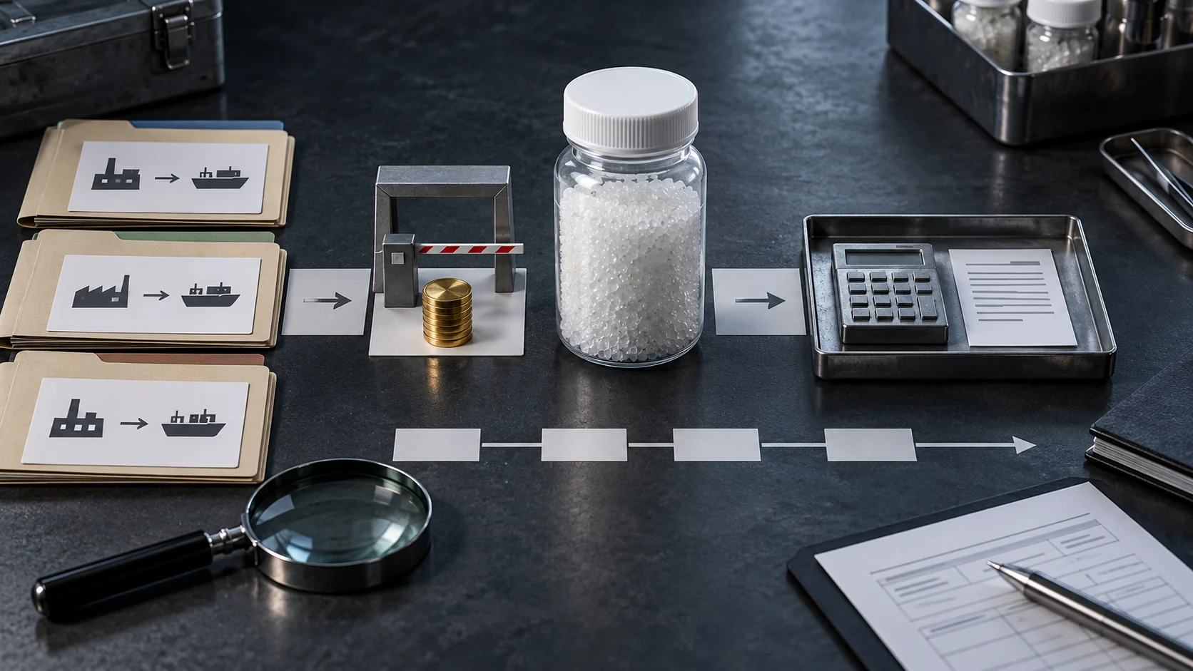 Chemical sample, three entity files, an entry gate, a deposit marker and a later assessment station