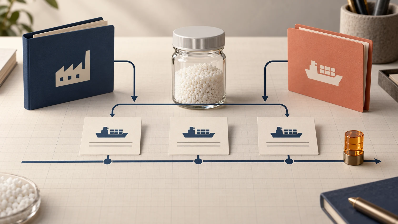 Chemical sample, producer and exporter folders, three import-entry cards and a backward-looking timeline