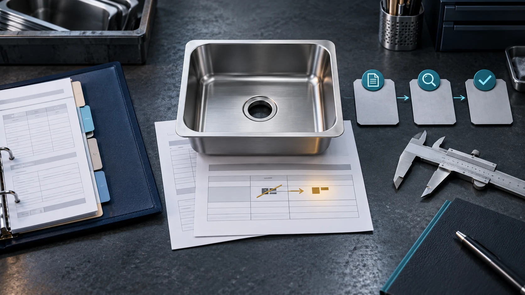 A drawn stainless steel sink, two abstract correction sheets, an import file and three review checkpoints on a dark workbench