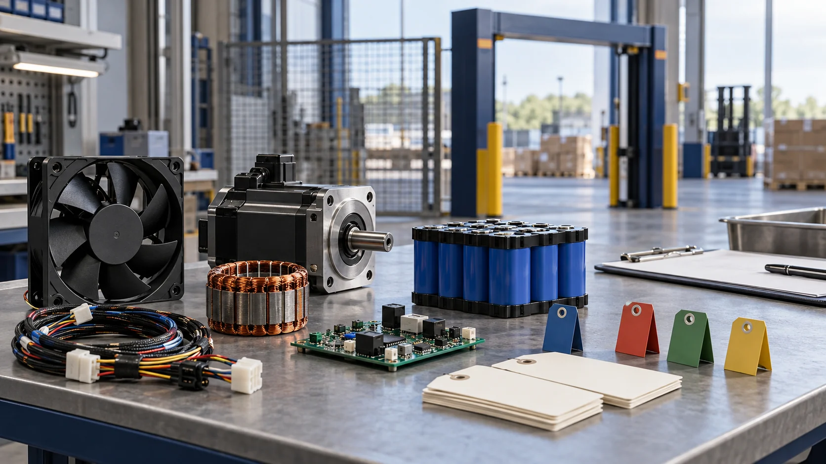 Cooling fan, servo motor, copper coil, wiring harness, battery module, circuit board and blank origin tags on an industrial workbench