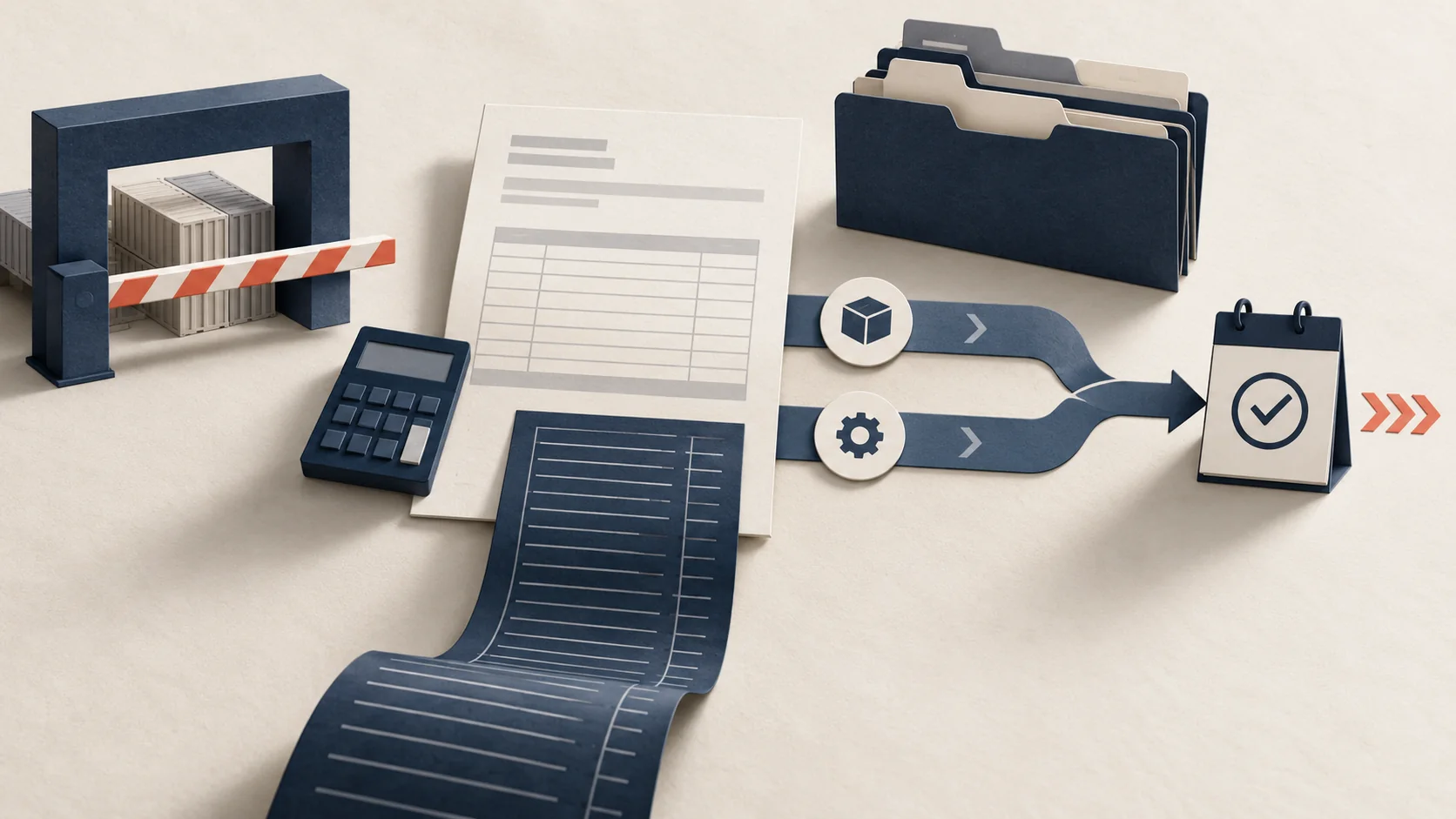 A tariff cost sheet, classification files, two continuing tracks and a future review checkpoint on a paper work surface