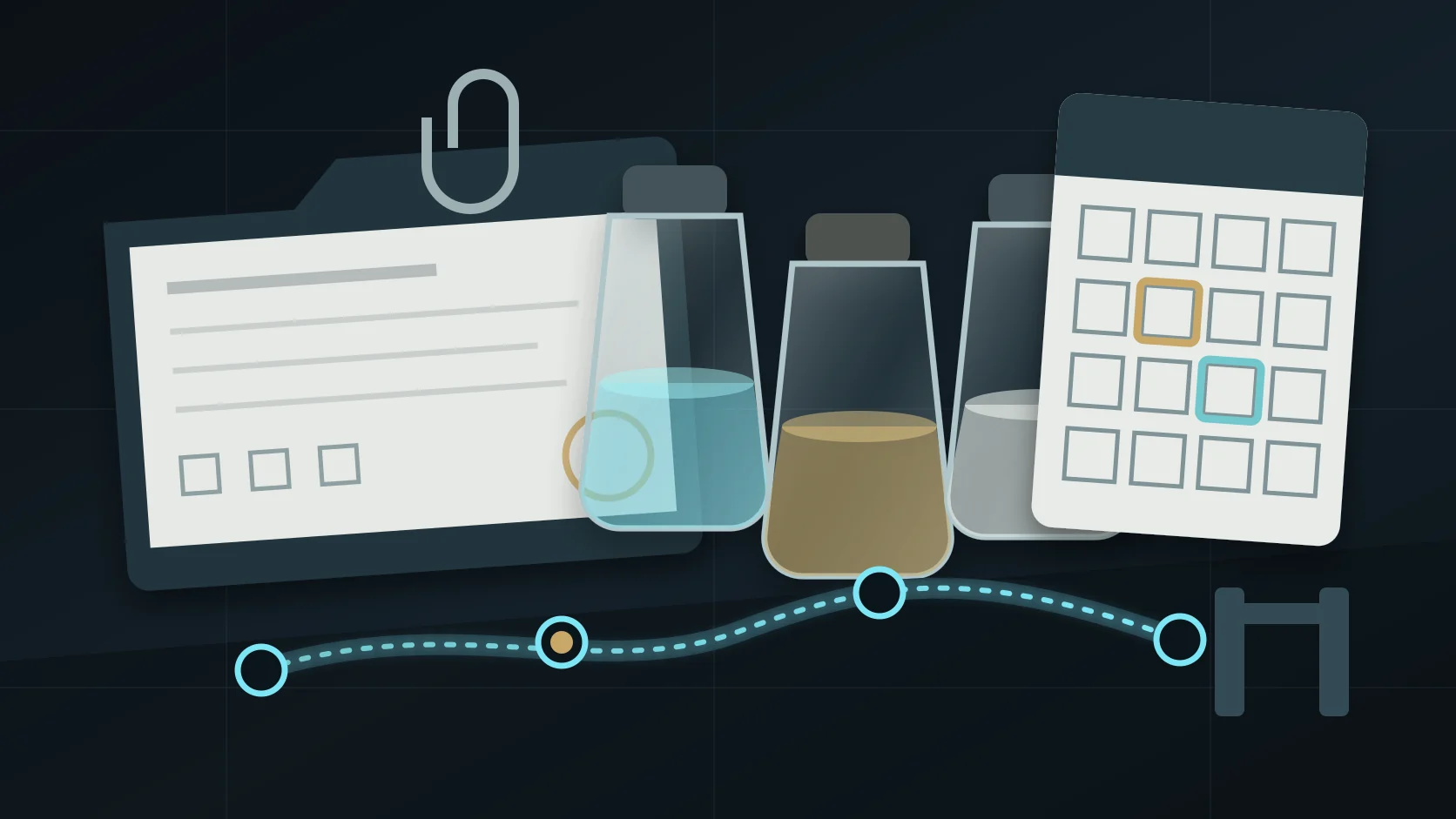 Three unlabeled chemical sample vessels, a blank investigation file, a calendar and four procedural checkpoints on a dark workbench