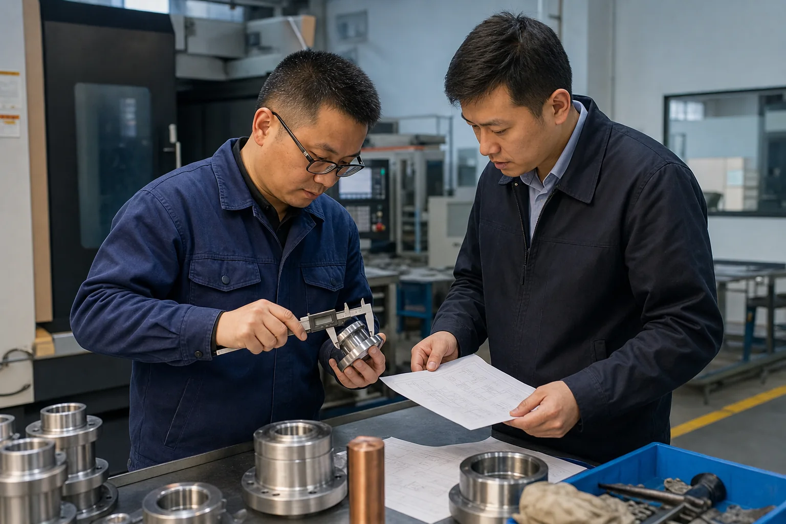 Quality inspector and sourcing consultant checking a machined component in a factory